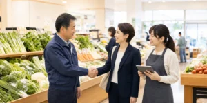地域スーパーの売場で事業承継を話し合う経営者と店舗責任者