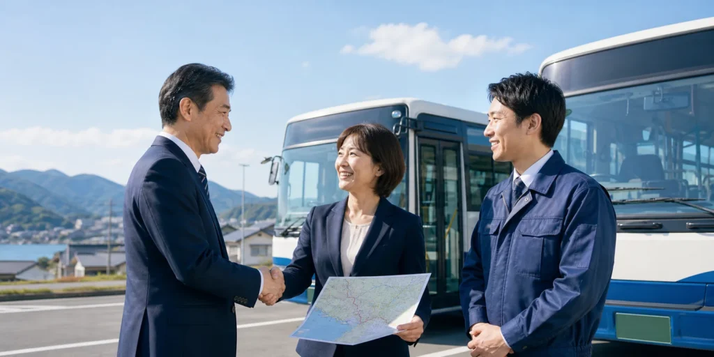 地域バス事業の承継を象徴するバス車庫での経営者と運行責任者