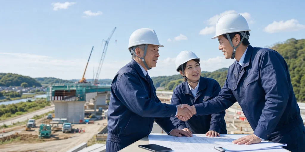 地域建設会社の承継を象徴する工事現場での経営者同士の握手