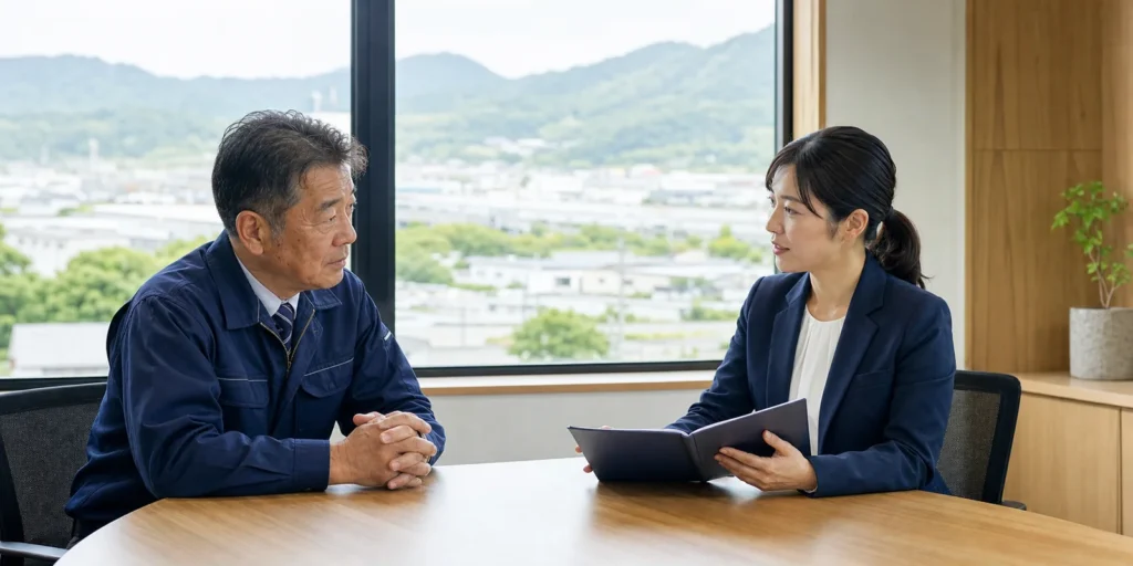 茨城県の会社売却について相談する経営者とM&Aアドバイザー