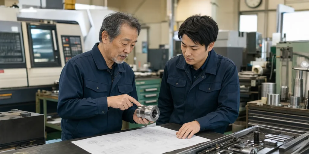 茨城県の製造業の工場で事業承継を検討する経営者と後継候補