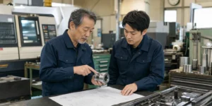茨城県の製造業の工場で事業承継を検討する経営者と後継候補