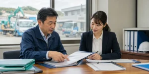 許認可事業の承継について資料を確認する経営者と専門家