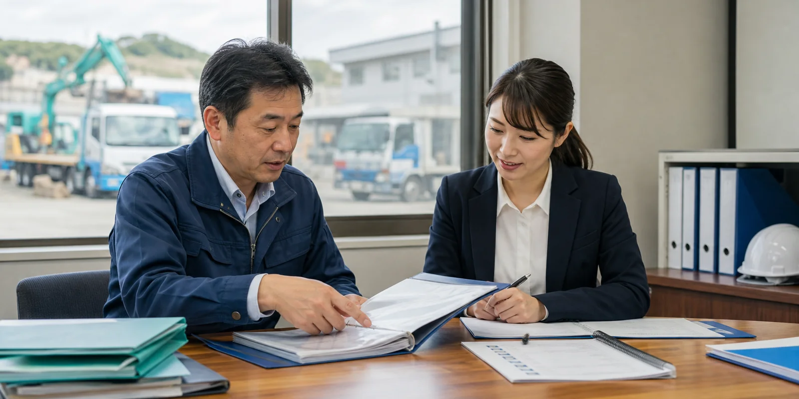 許認可事業の承継について資料を確認する経営者と専門家