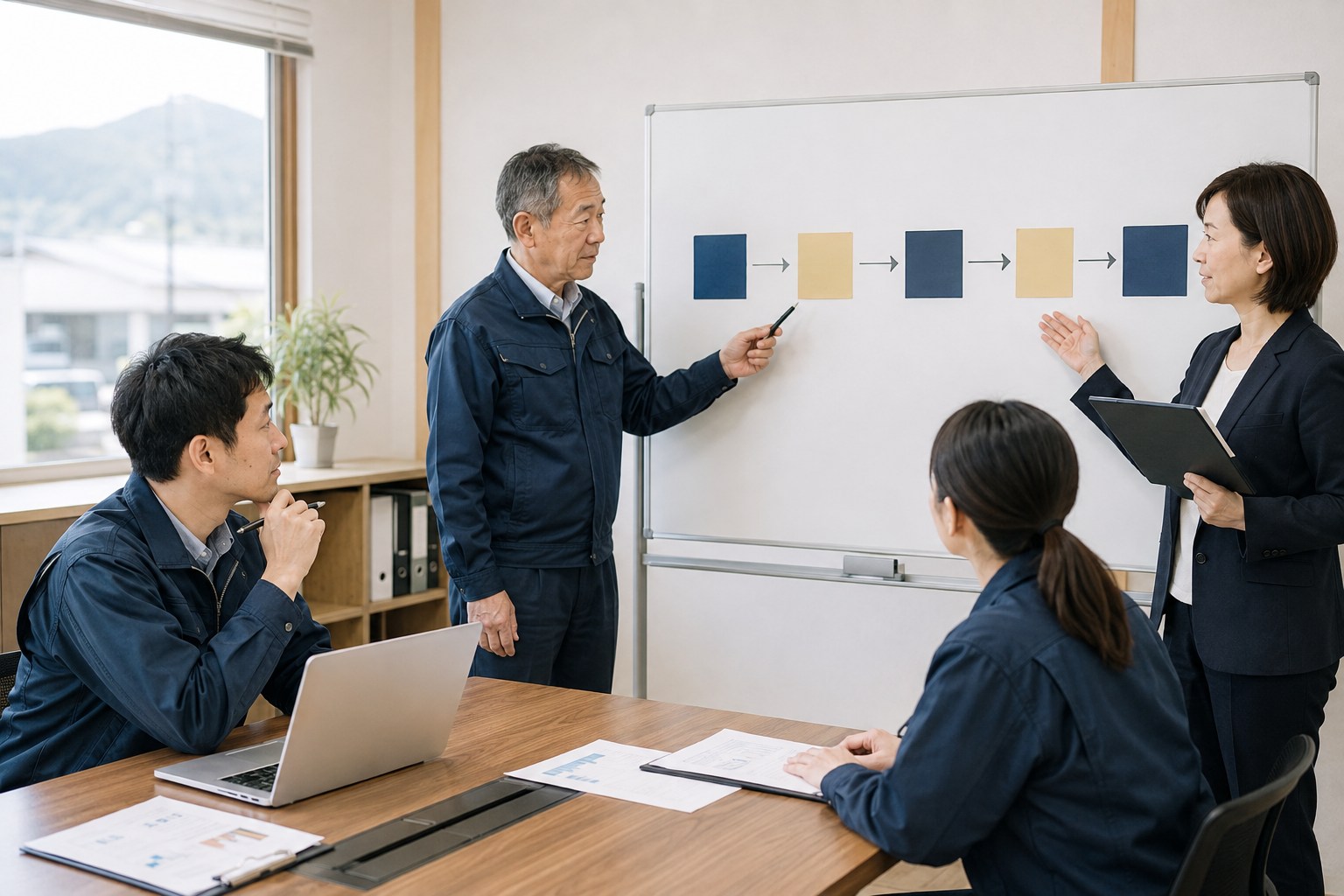 経営者と従業員が事業の引継ぎに向けて仕事の役割を共有するイメージ