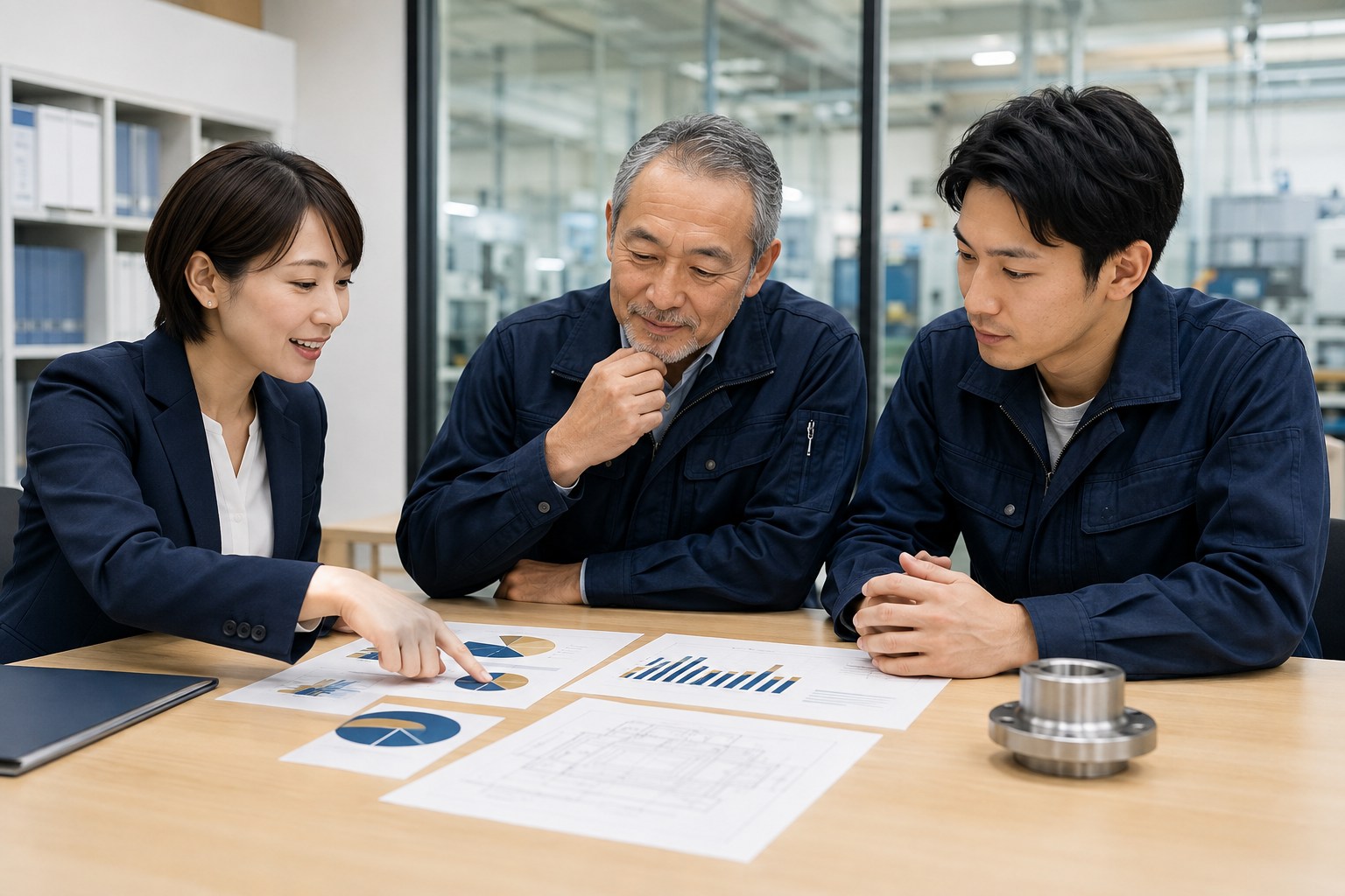 資料や設備の情報を見ながら事業の強みと引継ぎ条件を整理するイメージ