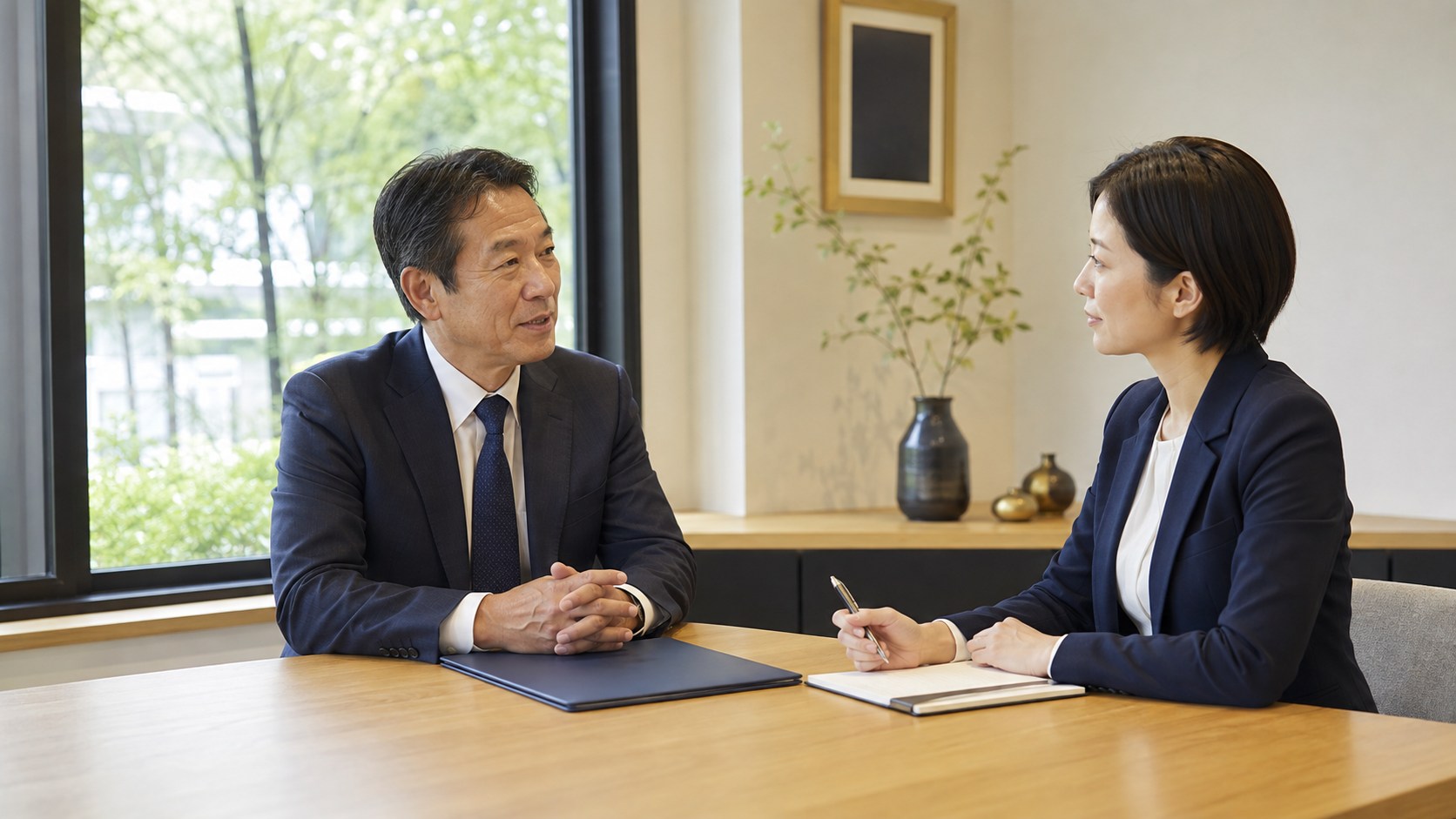 会社の将来と事業承継を相談する経営者と担当者のイメージ
